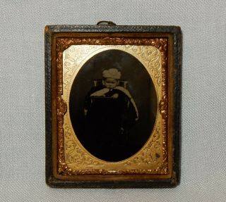 Antique Ambrotype Photograph Victorian Baby In Pram In Gilt Frame 1863