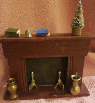 Dollhouse Miniature Furniture Signed Wood Fireplace & Accessories Brass,  Plant,