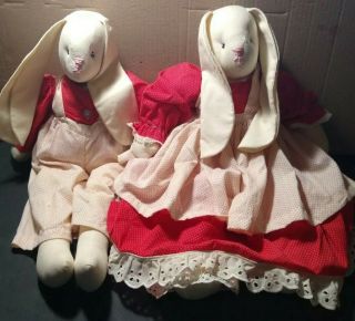 Vintage 19” Handmade Bunny Rabbit Rag Doll Couple,  Male & Female,  With Outfits