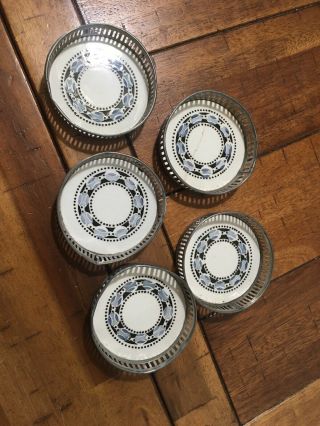 Vintage Set Of 5 German Ceramic Coasters Blue White Black Metal Edges
