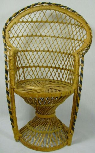 Doll Bear Small Plant Stand Peacock Chair Wicker Rattan Boho High Back 16 Inches
