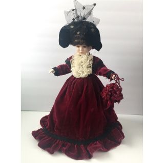 Victorian Porcelain Doll 16 " Red Velvet Dress Parasol Vintage Black Lace Hat