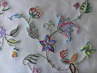 Vintage Linen Hand Embroidered Tablecloth Lovely Jacobean Florals