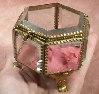 Antique French Jewellery Box Hexagonal Glazed Glass & Gilt Brass Satin Lined