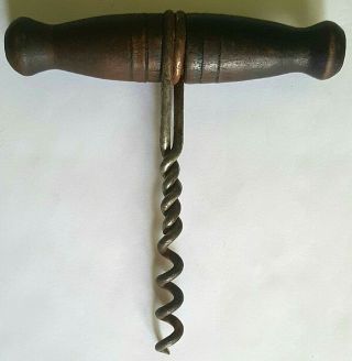 Antique Old Vintage Corkscrew With Turned Wood Handle Cork Puller Barware Tool