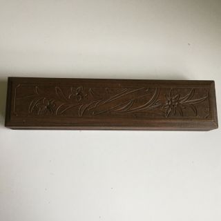 Vintage Black Forest Carved Wooden Pen Box Edelweiss Keepsake Jewellery Gift