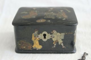 Vintage Japanese Lacquer Paper Mache ? Box W/ Oriental Figures & Key