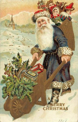 Purple Robe Santa Claus With Wheelbarrow Toys Antique Christmas Postcard - M270