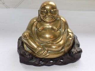 Antique Nicely Cast Brass Chinese Buddha Figure With Carved Wooden Stand