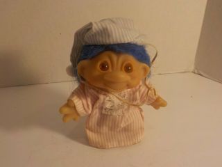 Vintage 1986 Thomas Dam Norfin Troll Doll 5 " Sleepy Pajamas W Hat Blue Hair