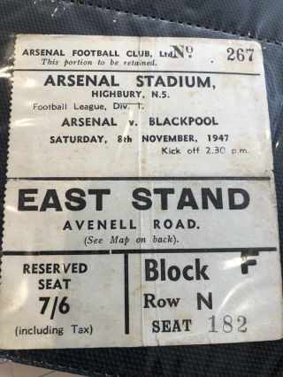 Arsenal - Early Rare Post War Ticket - League V Blackpool 8 November 1947