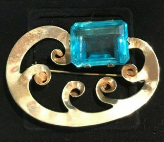 Vtg Antique Art Deco Sterling Silver Blue Glass Rhinestone Waves Brooch 3 "