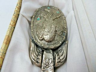 Vintage Chinese Carved Dragon Jade Belt Hook Engraved Brass Phoenix Hand Mirror 2