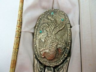 Vintage Chinese Carved Dragon Jade Belt Hook Engraved Brass Phoenix Hand Mirror 3