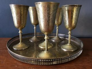 Set Of 6 Vintage Silver Plated Goblets With Tray,  Wedding Wine Glasses