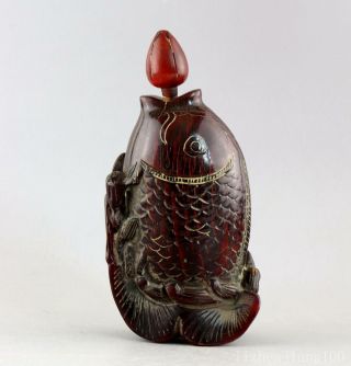 Collectable China Antique Hand Carve Fish & Lotus Delicate Ox Horn Snuff Bottle