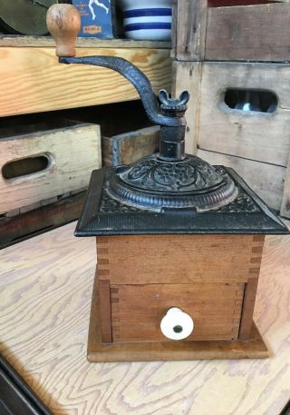 Primitive Antique Coffee Grinder Mill Wood Base Drawer Cast Iron Top Hand Crank