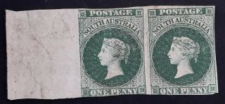 Rare 1855 - South Australia Imp Pair 1d Dark Green 1st S/face Stamps No Wmk Proof