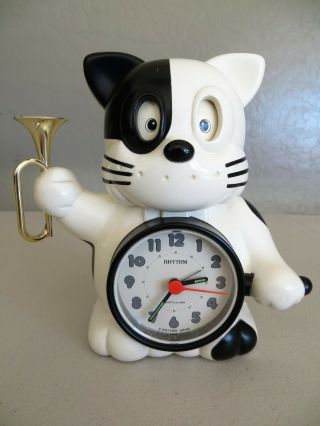 Vintage Rhythm Japan Clock Black White Cat W/ Trumpet Very Rare