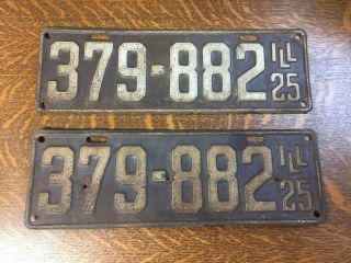 Antique Vintage 1925 Illinois License Plate Pair 379 - 882 Old Rusty Plates Set