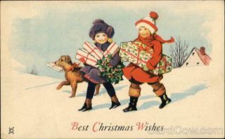 Christmas Children Best Christmas Wishes Antique Postcard Vintage Post Card
