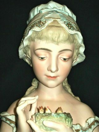Antique French Paris Sevres Era Girl Doll Feeding Birds Bisque Bust Figurine