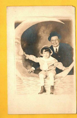(8498) Antique Rppc Postcard - Man And Child Paper Moon Studio Portrait