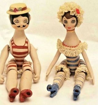 Vtg.  Set 2 Porcelain Dolls Jointed Man Lady Beach Couple 1900s Bathing Suits