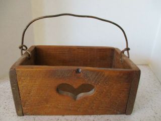 Vintage Wood Box,  Copper Bail Handle,  Heart Cut Out,  6 " L X 3 " H X 3 1/2 " D