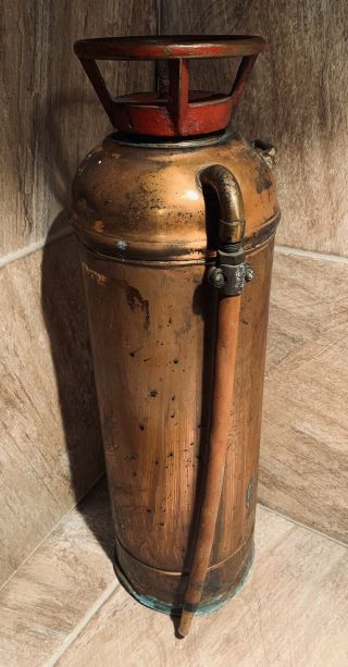 Antique Vintage Copper Brass Fire Extinguisher W/ Hose.  Fire Fighting Antique