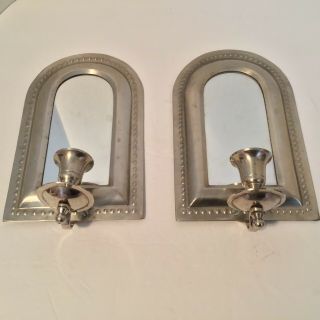 2 Vintage Mirrored Wall Sconces With Silver Candle Holders