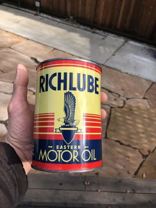 Vintage Rare Richfield Richlube Eastern Motor Oil Quart Can Very