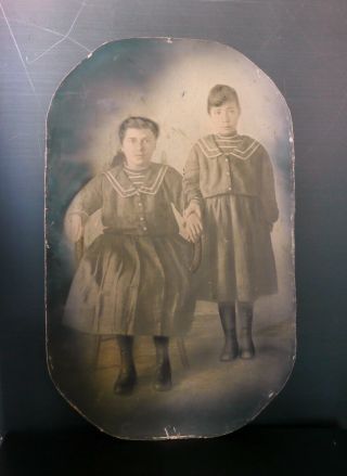 Antique Hand - Tinted Studio Photograph,  Two Children In Matching Dresses 16x10 "