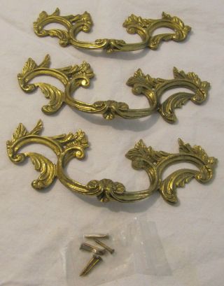 Vintage French Provincial Solid Brass Cast Drawer Door Pull Set Of 3