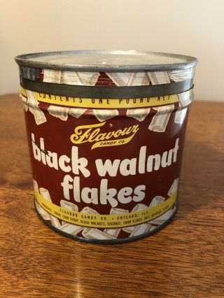 Vintage Flavour’s Candy Black Walnut Flakes 16 Oz Chicago Wind Lid Rare 1930’s