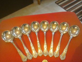 Great Heavy Quality Set Of 8 Silver Plate Soup Spoons Kings Pattern