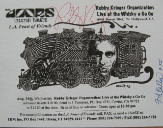 Rare Robby Krieger Organization Doors Autographed Whiskey A Go Go Concert Flyer