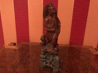 Vintage Chinese Red Hand Carved Soapstone Figure Of Guandi On A Rocky Outcrop