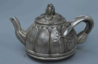 Collectable Handwork Old Miao Silver Carve Beauty Lotus Auspicious Decor Tea Pot