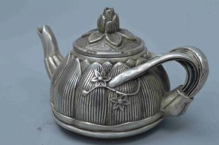 Collectable Handwork Old Miao Silver Carve Beauty Lotus Auspicious Decor Tea Pot 2