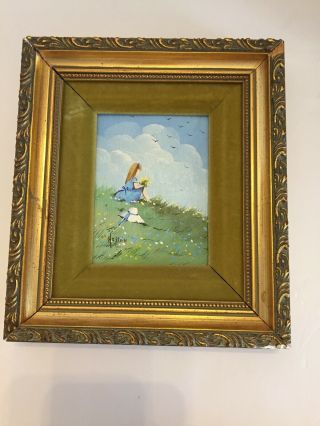 Vtg 70’s Oil Painting Miniature Vivian Hollan Little Girl Flower Field