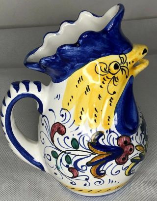Rare Deruta Italian Pottery Rooster Small Pitcher Creamer Signed Blue Yellow Red