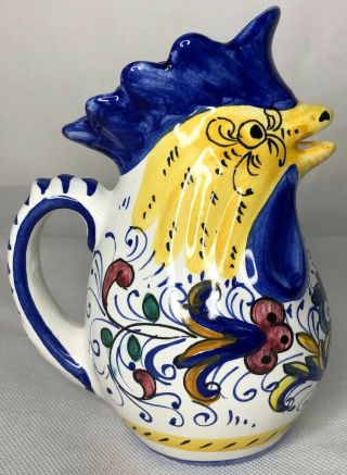 Rare Deruta Italian Pottery Rooster Small Pitcher Creamer Signed Blue Yellow Red 2