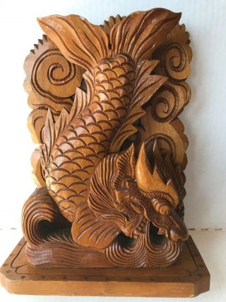 Vintage Hand Carved Wooden Dragon Statue Figure Intricate Design 12.  5 " Tall