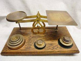 Art Nouveau Post Office Scales Avery Brass And Oak With Weights Ornate Well Made