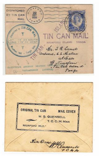 Tonga.  Greece.  1936 A Mailed Cover.  Tin Can Mail Greek Slogan Down.  V.  Rare Cover