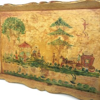 Antique Folk Art Primitive Wood Tray Hand Painted Village Scene Horse Carriage