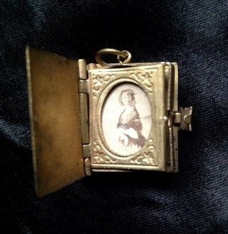 RARE ANTIQUE MINIATURE FRENCH PHOTO BOOK PENDANT CHARM DOLLS HOUSE LADY BRASS 2