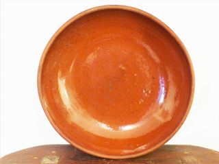 Antique 19th C Pottery Pa Redware Pumpkin Glaze Pie Plate Deep Dish Milk Bowl