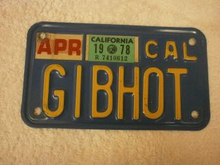 California Motorcycle 1970s Base Yellow/blue Vanity Gibhot Rare License Plate